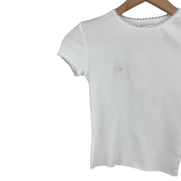 Topshop white picot trim ribbed short sleeve crewneck crop tee 2 or extra small - Picture 6 of 12